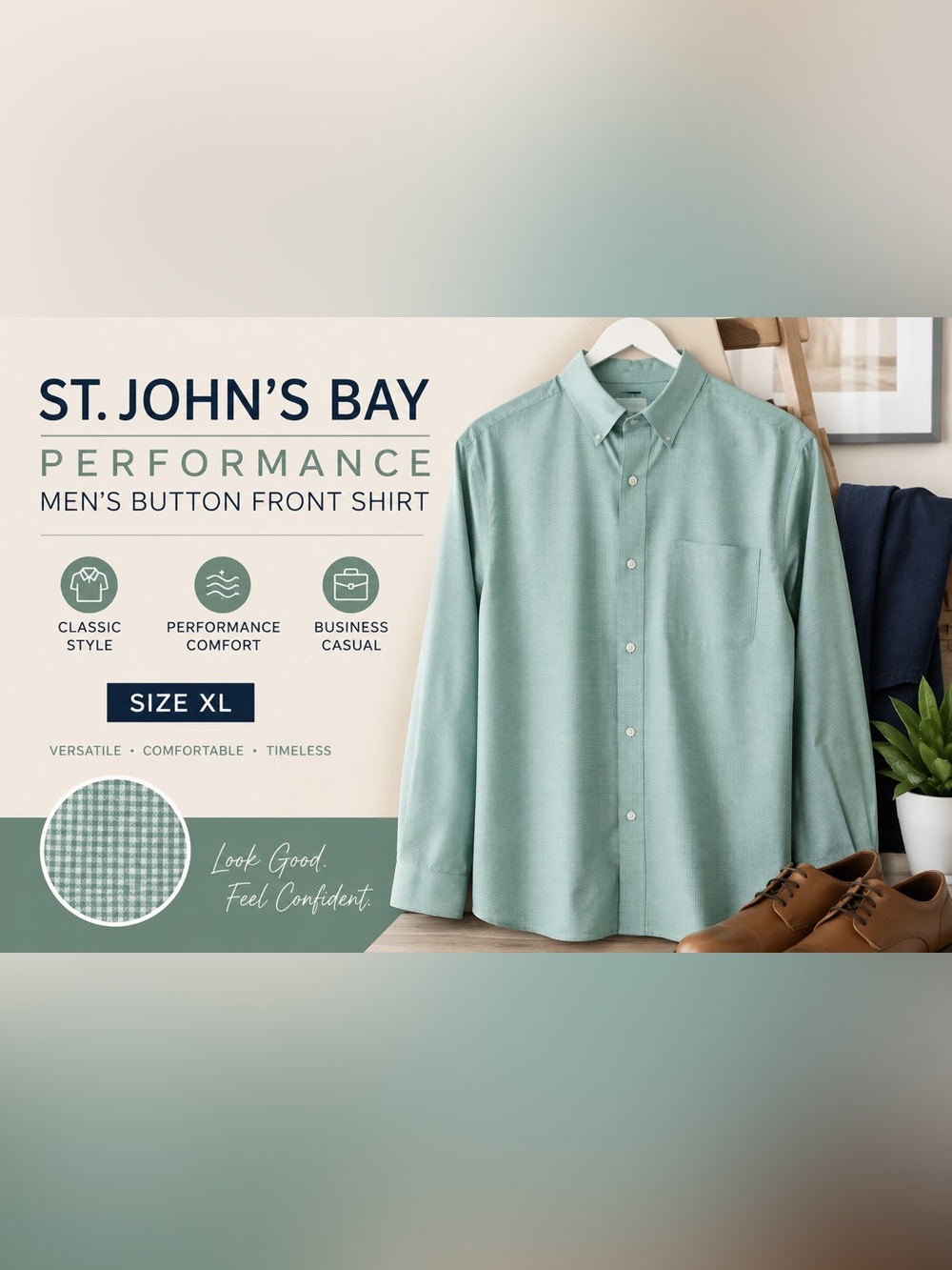 St. John’s Bay Performance Men’s Button Front Dress Shirt XL Mint Green Check